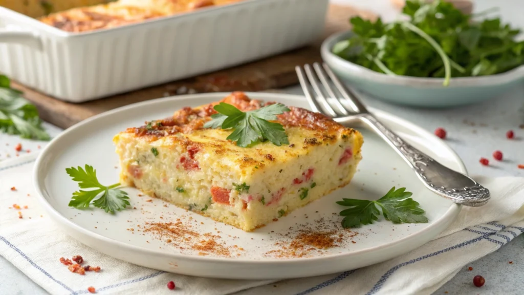 Slice of Paula Deen brunch casserole on a plate with parsley garnish