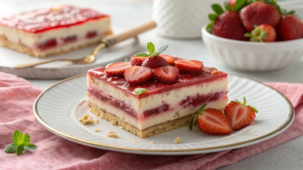 Slice of strawberry lasagna showing distinct dessert layers