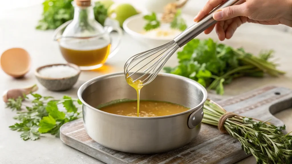 Broth being whisked into a roux for homemade brown gravy recipe