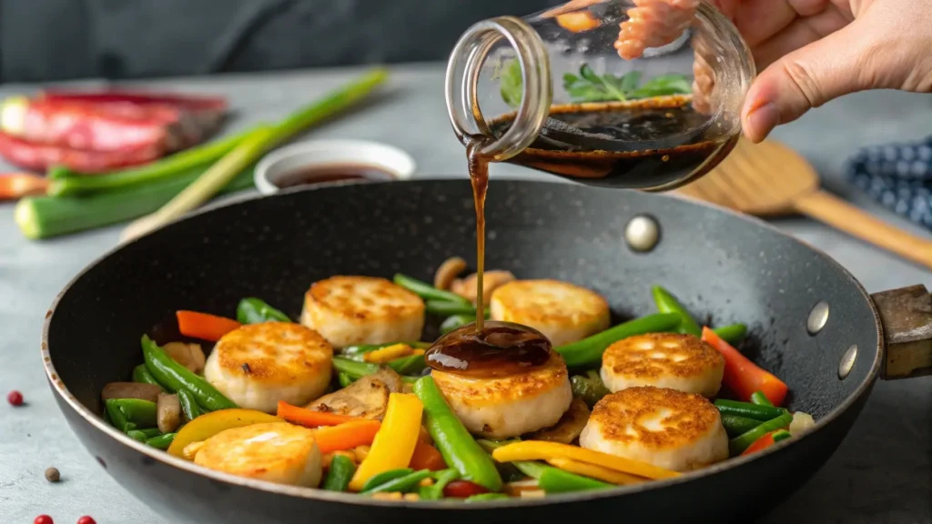 Soy-ginger sauce poured over fishcakes and scallops stir fry