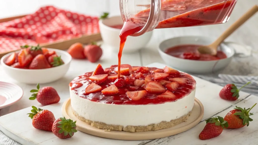 Pouring strawberry jello mixture with fresh strawberries