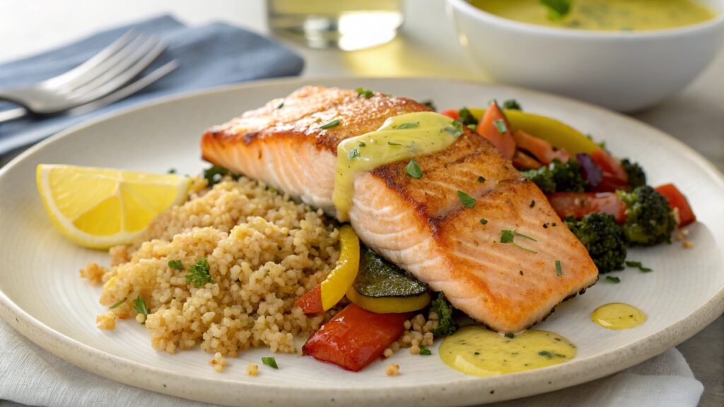 Plated Frozen Salmon Cooked in Air Fryer with Vegetables