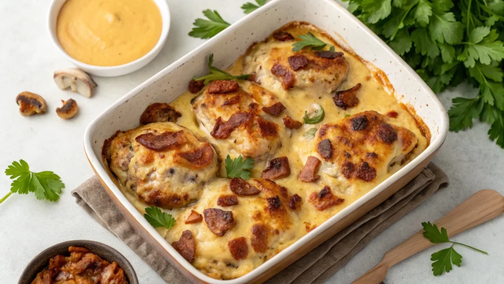 Freshly baked Alice Springs Chicken in a dish with melted cheese