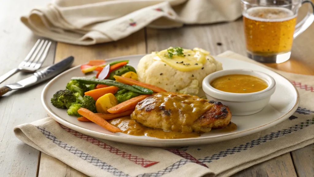 Alice Springs Chicken Recipe served with mashed potatoes, vegetables, and honey mustard dipping sauce