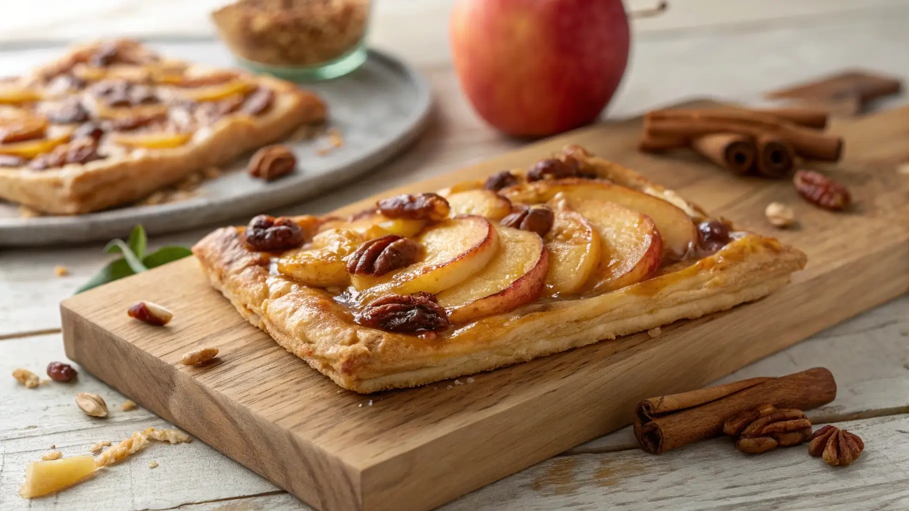 Freshly baked apple and pecan Danish pastry tart on a rustic board