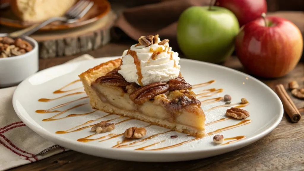 lice of apple and pecan Danish pastry tart with whipped cream