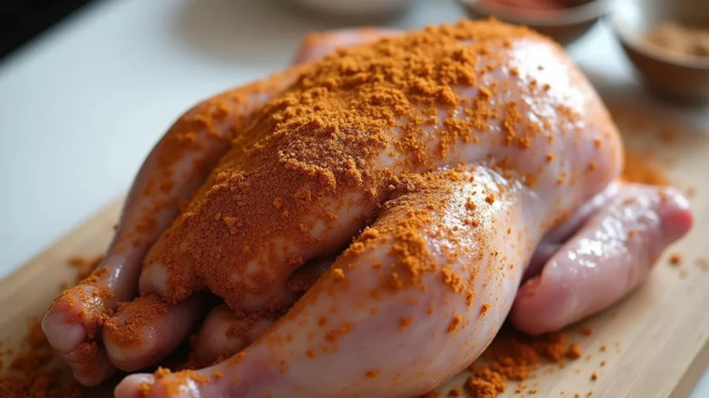 Smoked turkey breast preparation with dry rub seasoning on a wooden cutting board