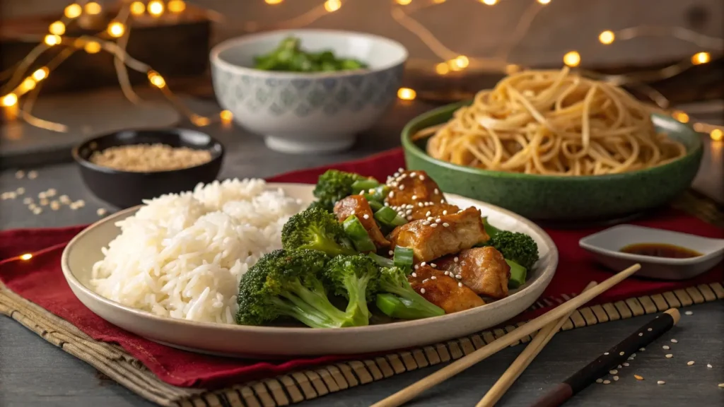 Asian broccoli paired with rice and teriyaki chicken