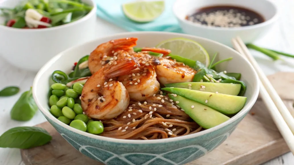 Asian shrimp bowl with soba noodles and sesame seeds