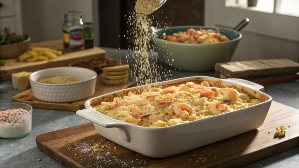 Layering macaroni and cheese langostino in a casserole dish