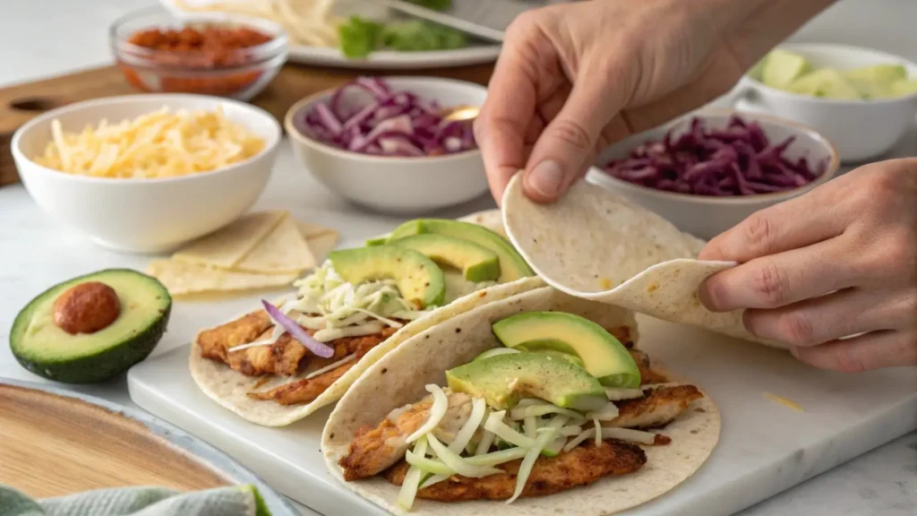 Assembling rotisserie chicken tacos with fresh toppings