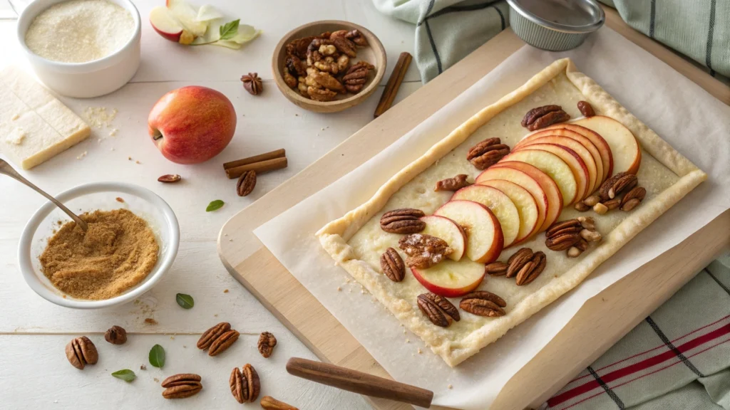 Puff pastry topped with apples and pecans for Danish tart