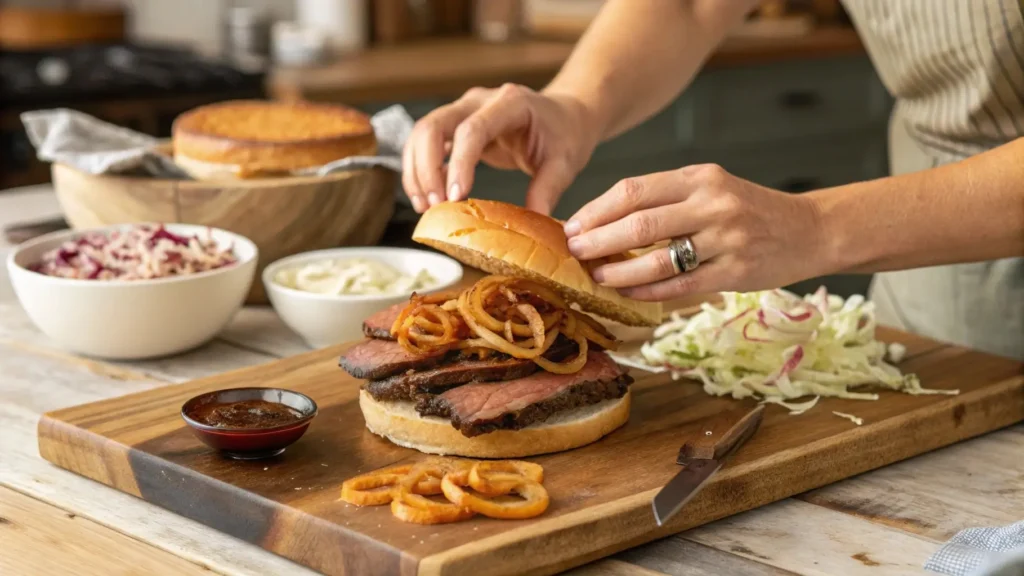 Assembling the brisket sandwich recipe with brisket and toppings