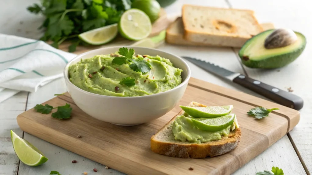 Bowl of creamy avocado spread recipe with lime and cilantro.