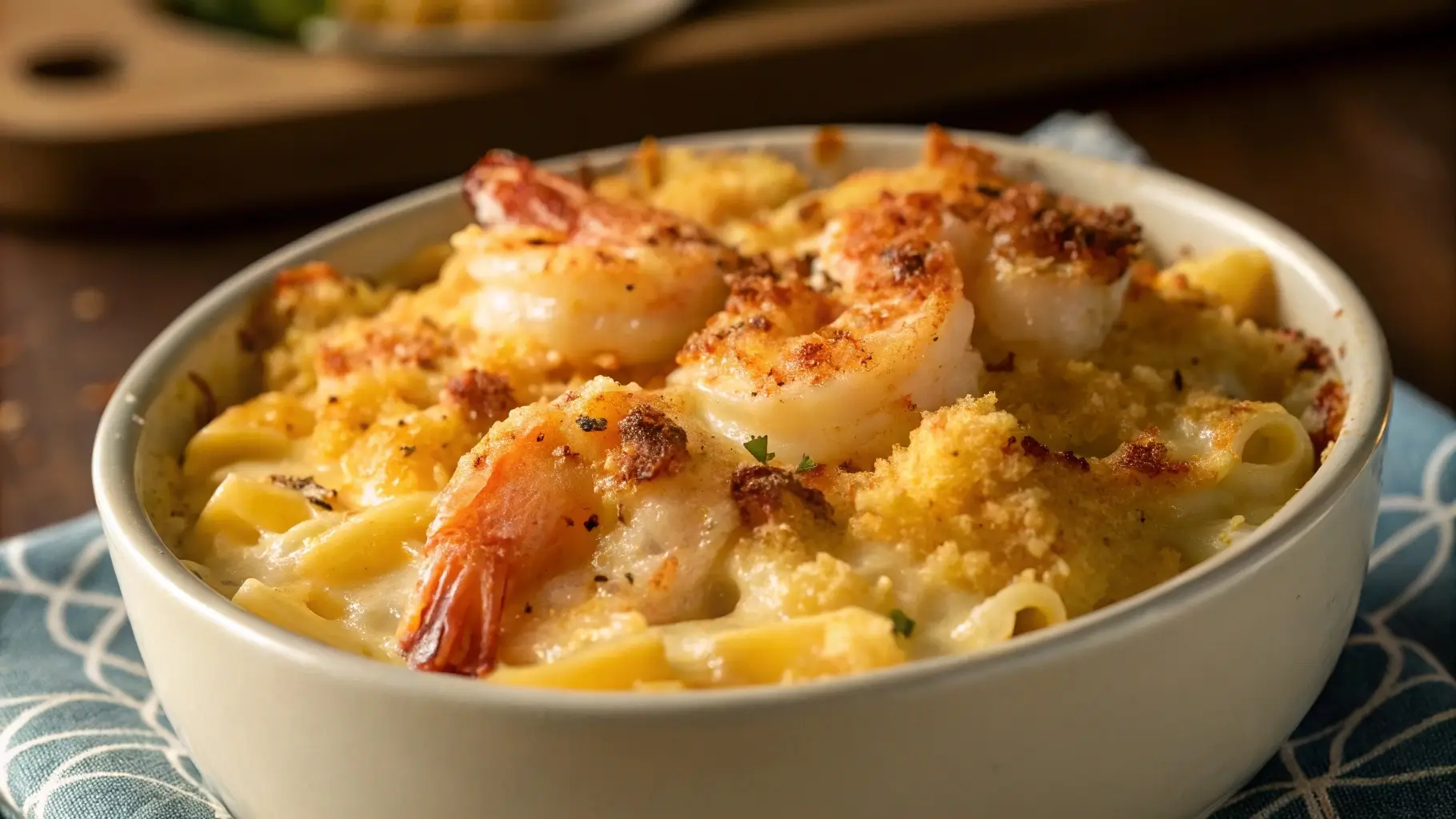 Golden baked macaroni and cheese langostino with crispy topping