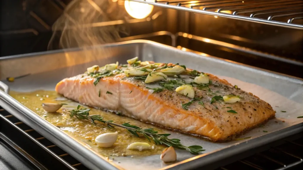 Oven-baked steelhead trout with garlic butter