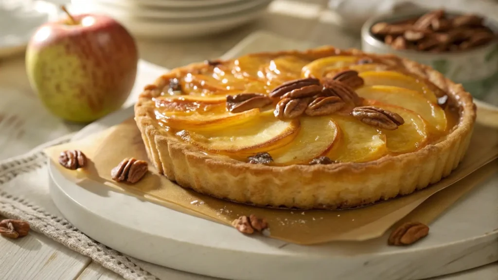 Freshly baked apple and pecan Danish pastry tart with glaze