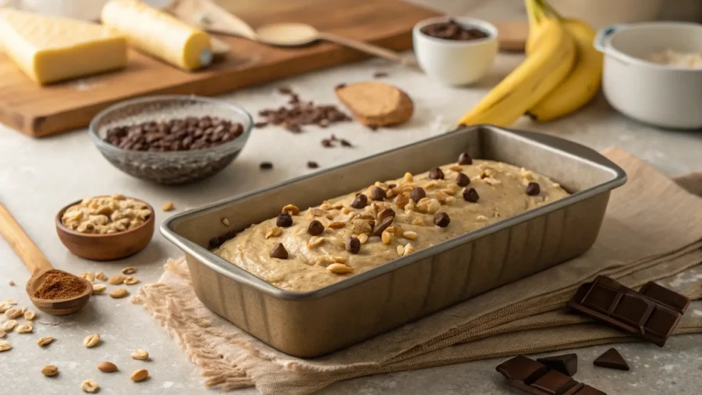 Chobani Banana Bread Recipe batter in a loaf pan, topped with nuts, ready for baking