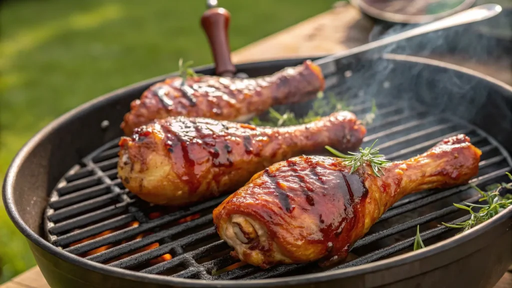 Turkey drumsticks grilling with barbecue sauce outdoors