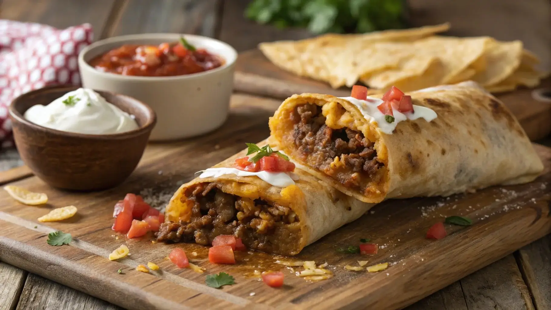 Crispy Beef Chimichanga Split Open with Toppings