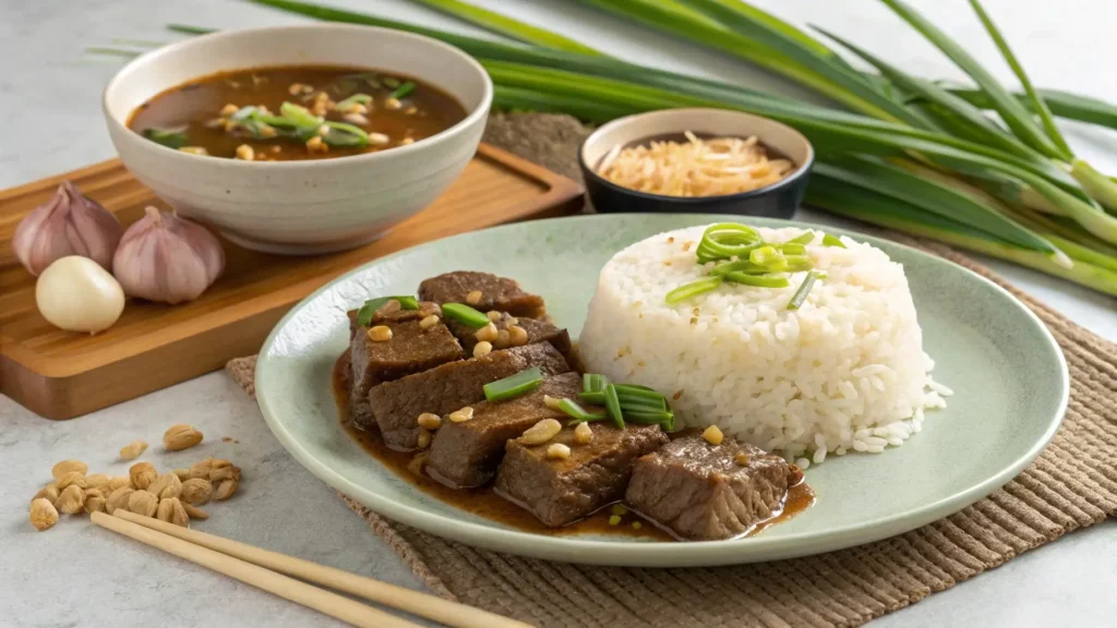 Plated Beef Pares with Garlic Rice and Broth