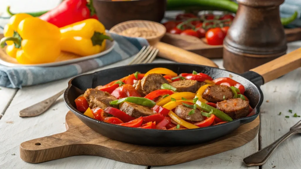 Beef Sausage and Peppers in a Skillet