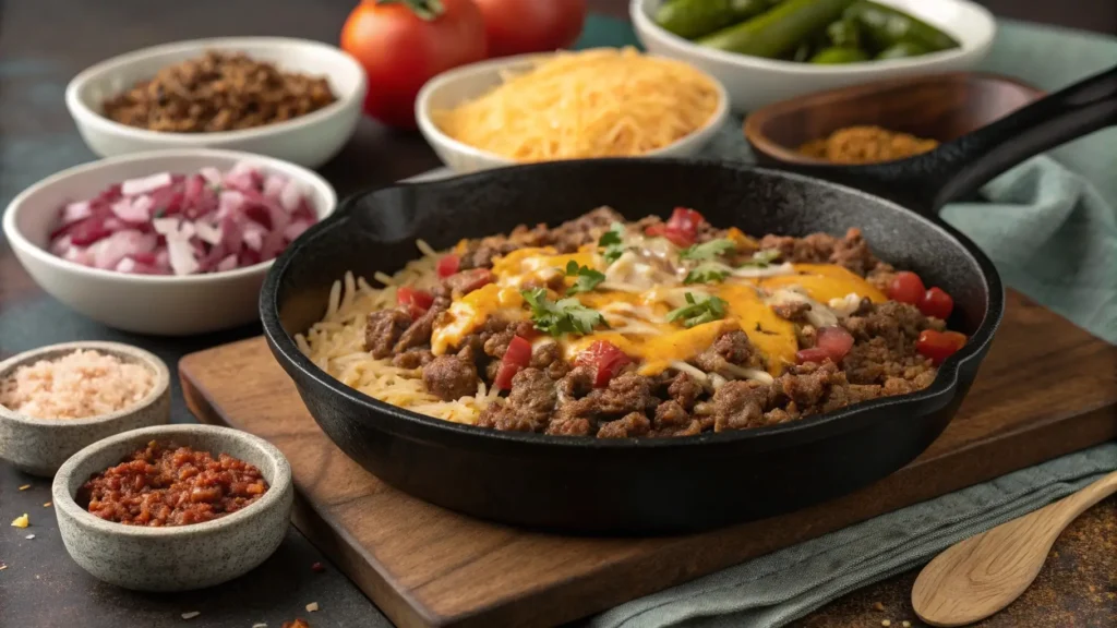 Skillet with beef and rice filling for stuffed poblano peppers