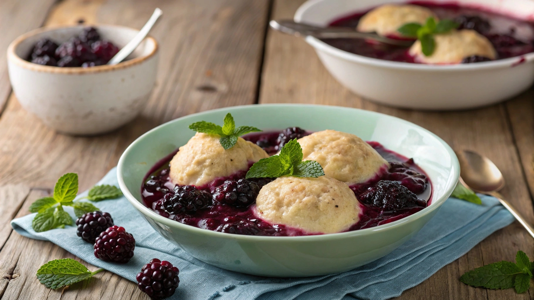 Blackberry dumplings served with mint on a rustic table