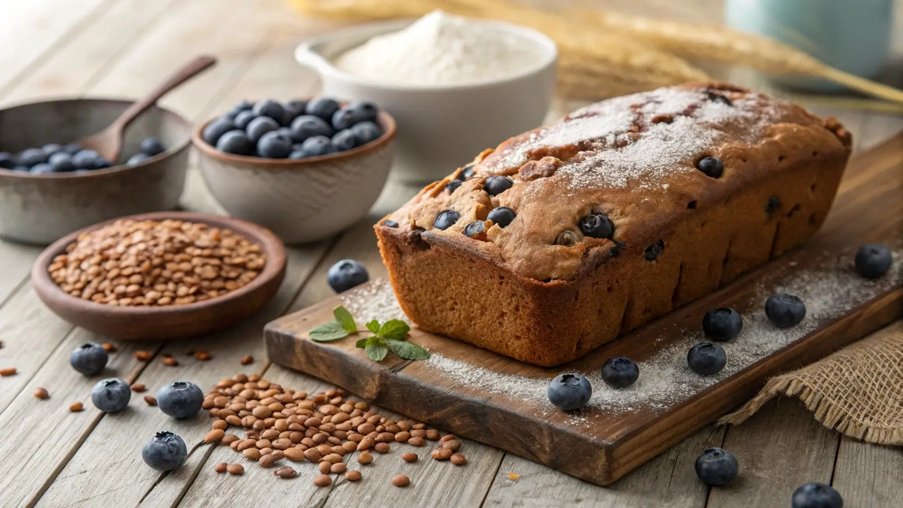 Freshly baked blueberry lentil bread with blueberries and lentils.