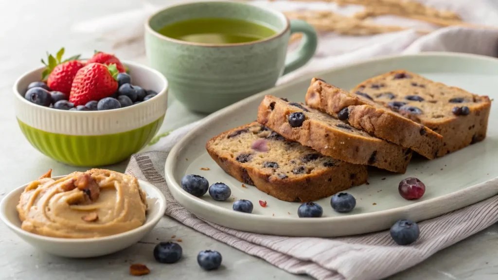 Slices of blueberry lentil bread with almond butter and green tea.