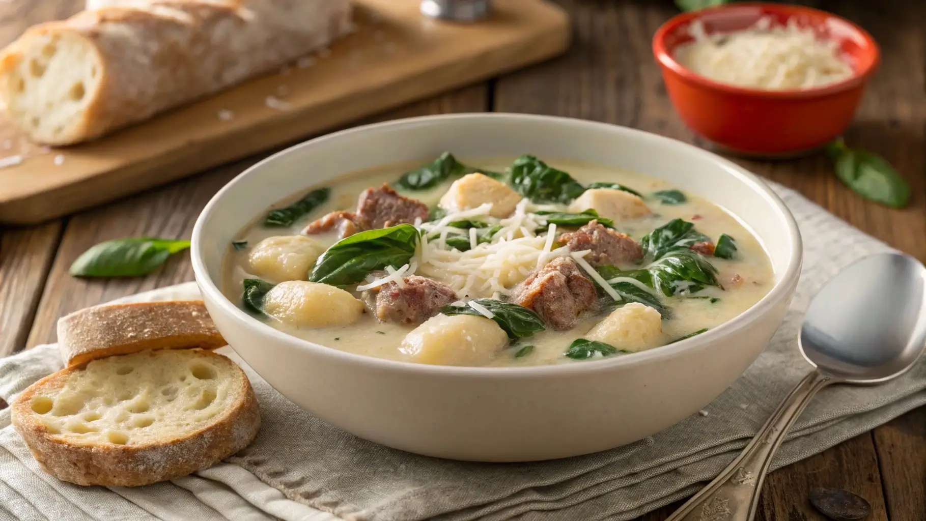 Creamy sausage and gnocchi soup with Parmesan cheese.