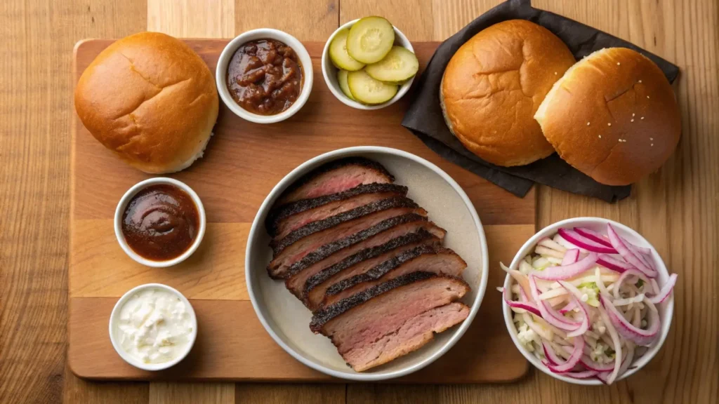 Brisket sandwich ingredients including brisket, buns, and toppings