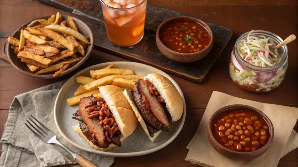 Brisket sandwiches with side dishes like fries and coleslaw