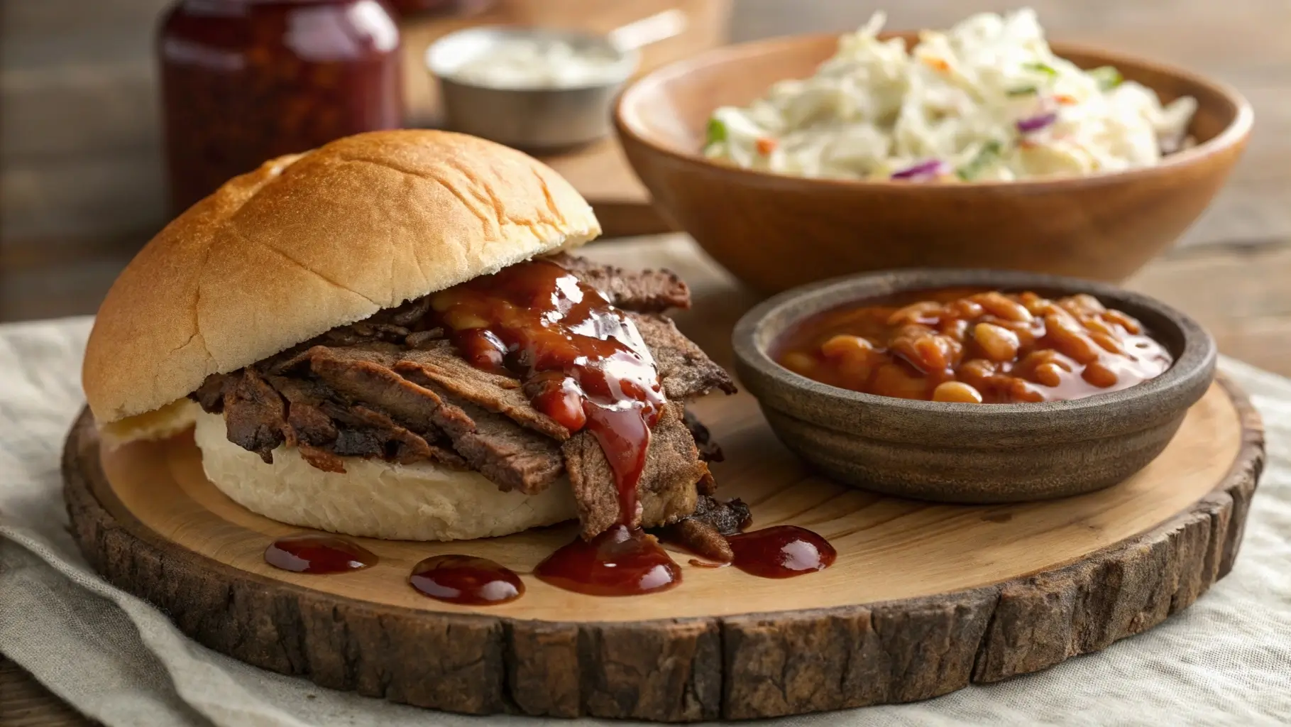 Juicy brisket sandwich recipe with BBQ sauce and coleslaw