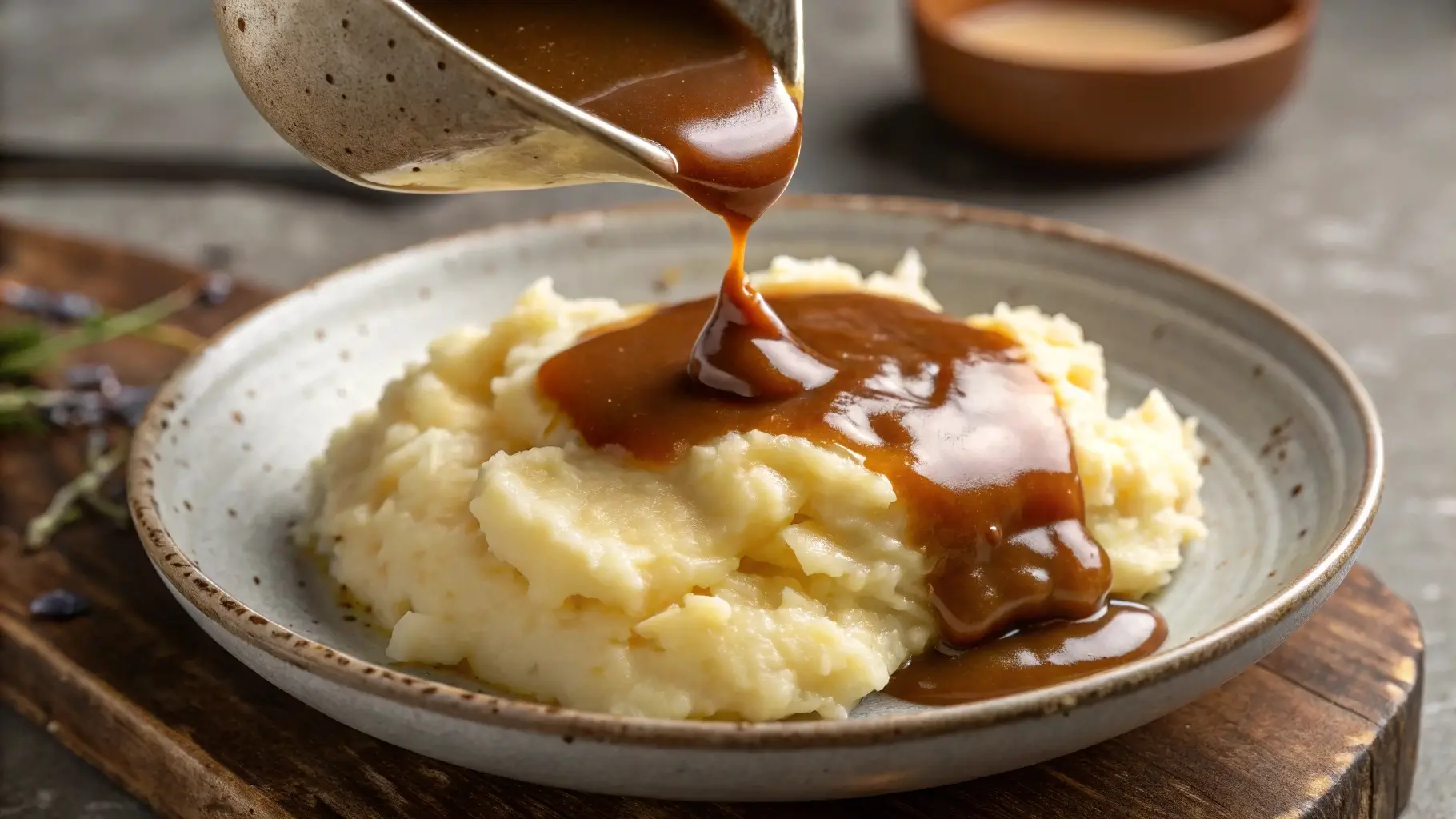 Rich brown gravy poured over creamy mashed potatoes