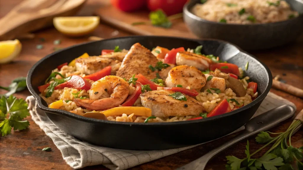 Cajun chicken and shrimp with rice and vegetables in a skillet