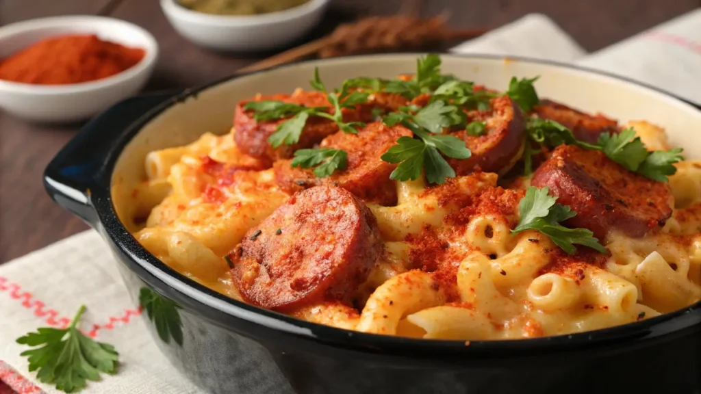 Cajun-style macaroni and cheese langostino with sausage and parsley