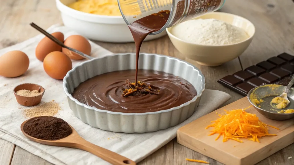 Cake batter for moist chocolate orange almond cake	