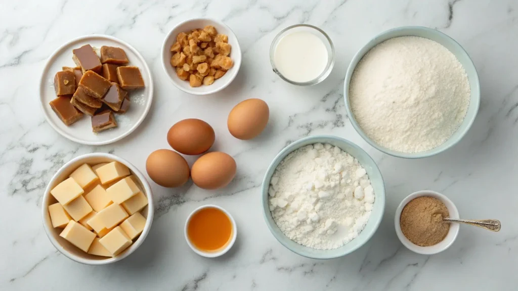 Ingredients for caramel salt pancakes or waffle mix