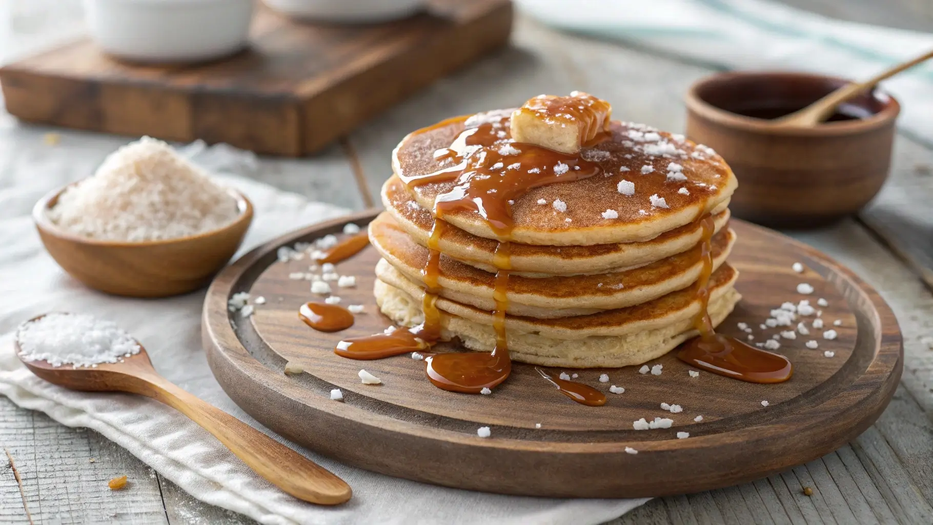 Stack of caramel salt pancakes with caramel sauce drizzle