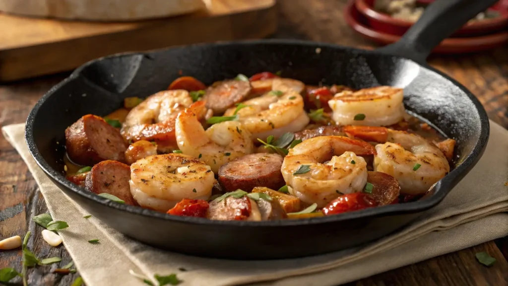 Shrimp and Sausage Sizzling in a Skillet