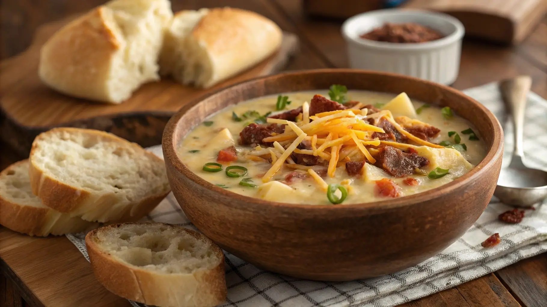 Steaming bowl of cheesy hamburger potato soup with bacon and chives