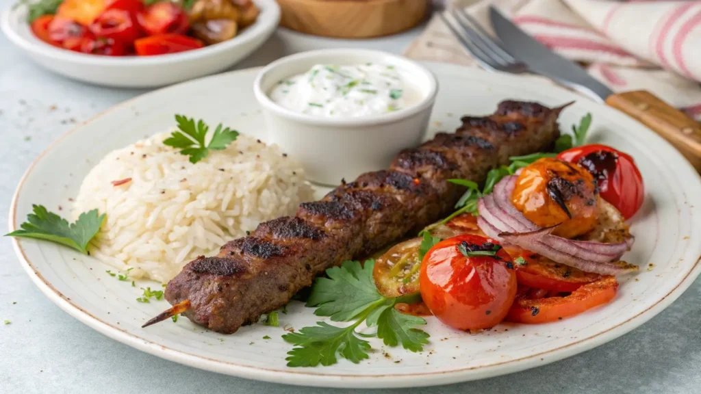 Plated Chicken Adana Kebab with sumac onions and Turkish rice