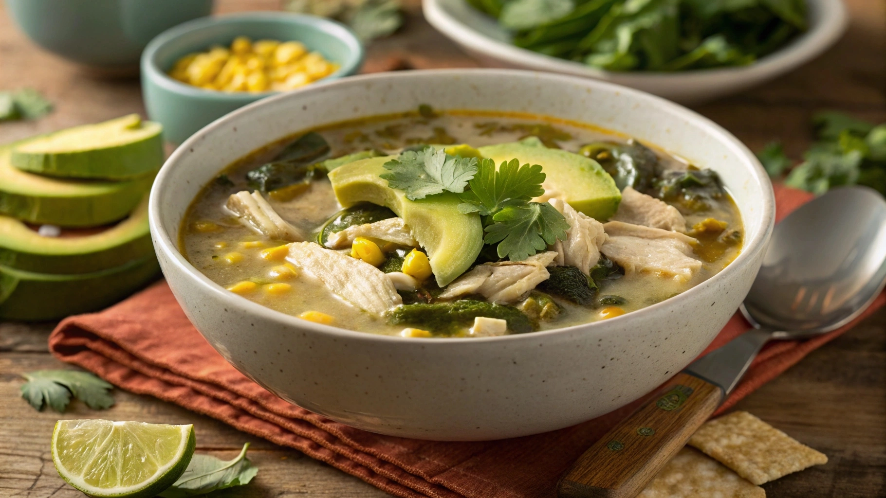 Steaming bowl of chicken poblano soup garnished with avocado and cilantro