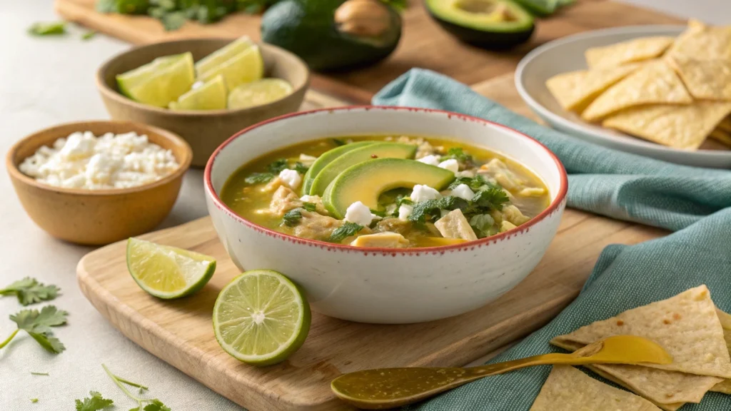 A serving table with chicken poblano soup and garnishes like lime and tortilla chips