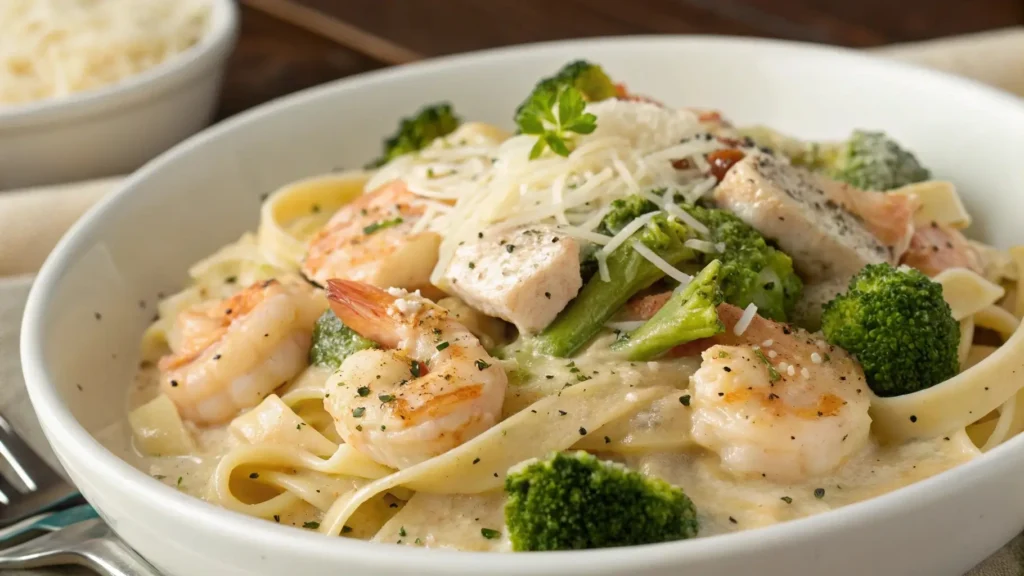 Creamy Alfredo pasta with chicken, shrimp, and broccoli, topped with Parmesan