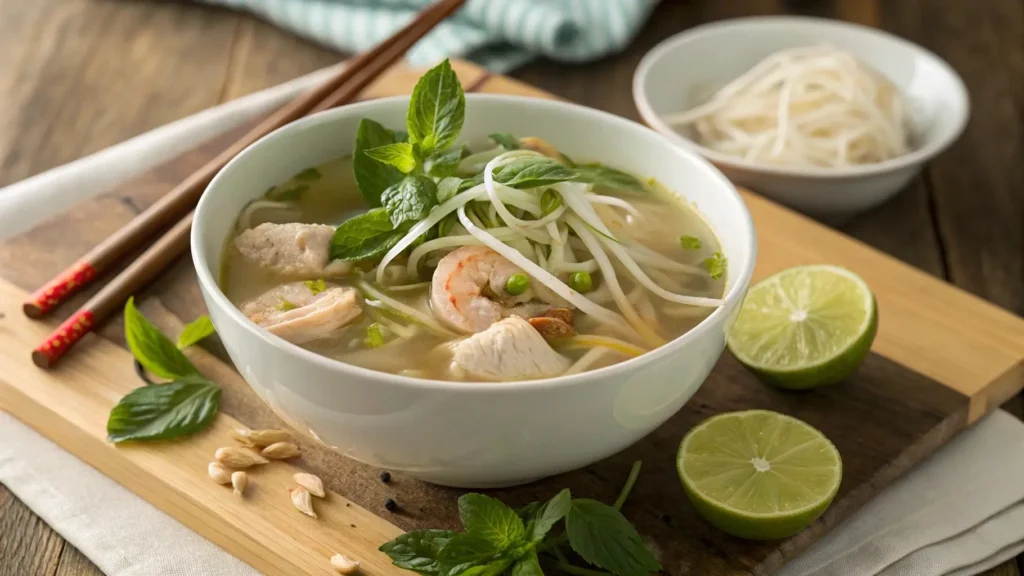 Chicken and shrimp pho in a bowl, garnished with herbs and lime wedges.