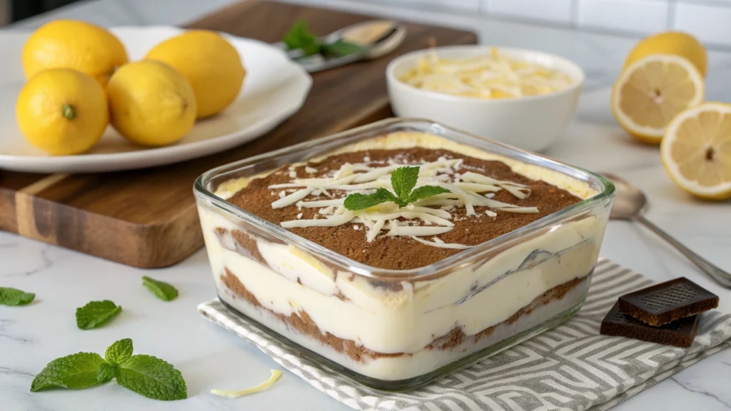 Limoncello tiramisu garnished with lemon zest and mint in a glass dish