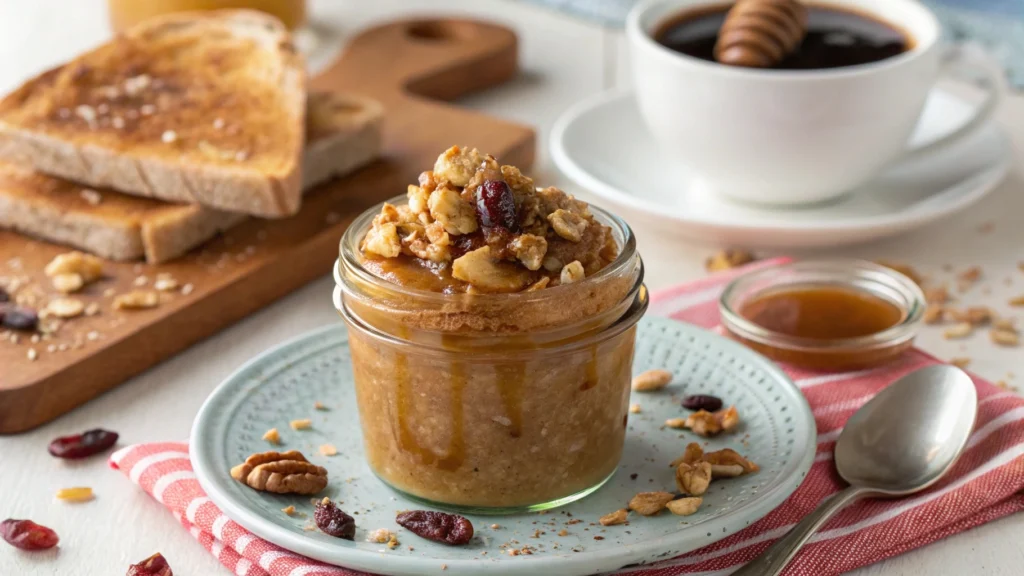 Cinnamon applesauce served in a jar with granola and honey