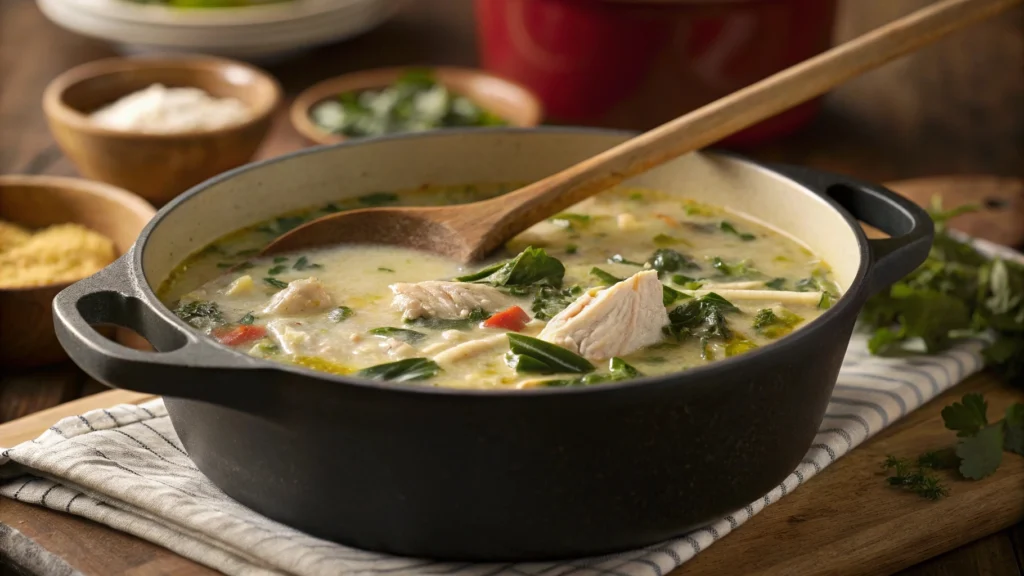 A pot of chicken poblano soup being stirred with a wooden spoon